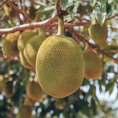 Ripe jackfruit fruits hanging on a tree in the garden, agribusiness business concept,organic healthy food and non-GMO fruits with copy space