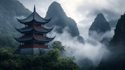 mystical pagoda in foggy mountain landscape - china