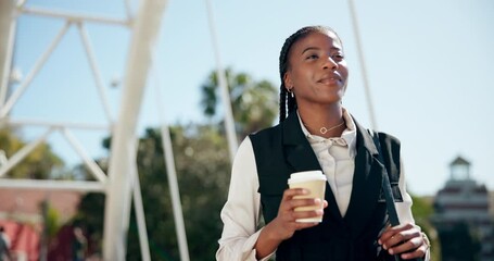 Canvas Print - Black business woman, coffee and walk in city with smile for inspiration, vision and start to career. Person, thinking and drink on bridge, sidewalk and outdoor in sunshine, metro and happy in Kenya