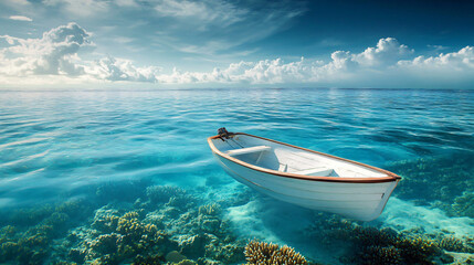 Wall Mural - white boat in turquoise ocean with coral reef and clear sky