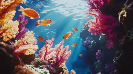 vibrant coral reef with tropical fish and sunbeams - underwater scene