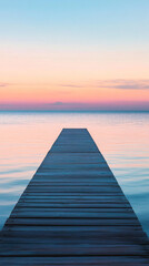 Wall Mural - serene wooden dock leading to a calm pink and blue sunset sky over water