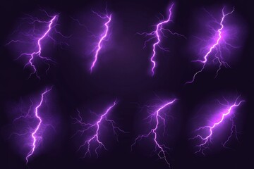 Wall Mural - Collection of purple lightning bolts isolated on black background.