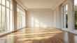 © Firly - Empty Room With Large Windows and Hardwood Floor 3D Illustration