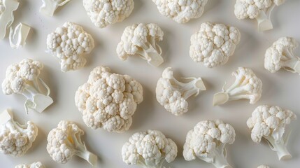 A bunch of white cauliflower is spread out on a white background