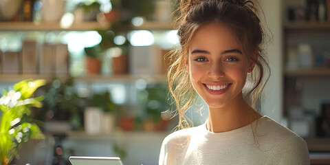 Poster - Young woman smiles at camera in a bright room.