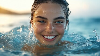 A young woman with blue eyes smiles brightly while swimming in the ocean.