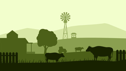 Sticker - Landscape illustration of farm silhouette with cattle livestock	