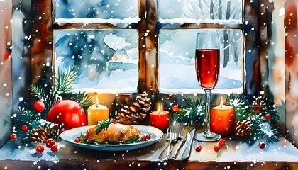 Wall Mural - Christmas Dinner Watercolor Art on a Snowy Window Sill, Celebrating Traditional Cuisine in a Festive Winter Season