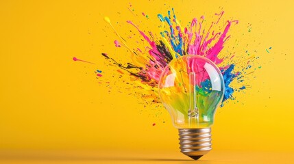 Wall Mural - Lightbulb with Colorful Paint Splatter on Yellow Background