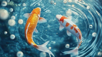 two orange and white koi fish swimming in a circular pool of water with bubbles on the bottom of the water