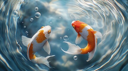 two orange and white koi fish swimming in a circular pool of water with bubbles on the bottom of the water