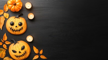 Poster - Halloween Pumpkin Cookies with Candles and Autumn Leaves on Black Wooden Background