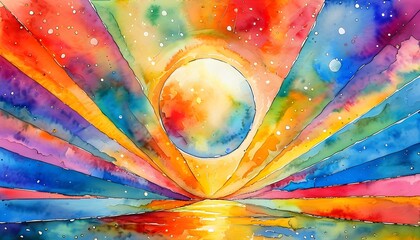 Radiant sun in vibrant abstract watercolor with a colorful background, capturing the essence of creativity and a sunny day, perfect for artistic illustration and inspiration.