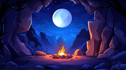 Canvas Print - A luminous moon lights up a blue sky, casting shadows on sharp stone cliffs with a mystical black flame below.