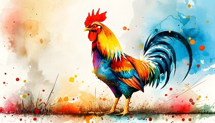 Vibrant Abstract Watercolor Rooster Amidst Splatter Background Celebrating Poultry Art and Rural Life