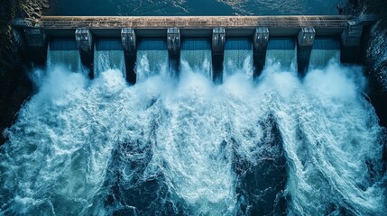 hydroelectric dam with rushing water and electric turbines turning with the force of the flowing riv