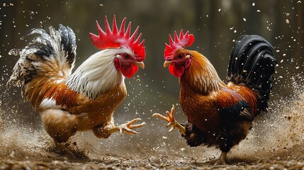 a fierce duel between two roosters, feathers flying, in a burst of dust and determination