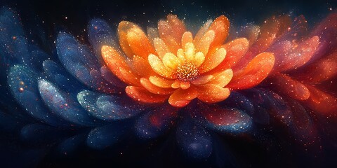 A fiery orange flower blooms in a universe of swirling cosmic dust and stardust, a celestial tapestry of vibrant colors and ethereal beauty