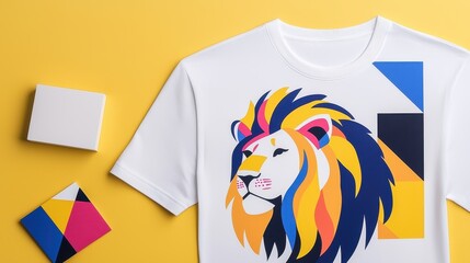 Canvas Print - White T Shirt with Colorful Lion Design on Yellow Background