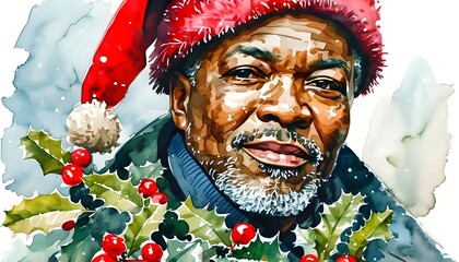 Festive watercolor portrait of a joyful African American man in a Santa hat adorned with Christmas holly, embodying the spirit of holiday celebration and cheer