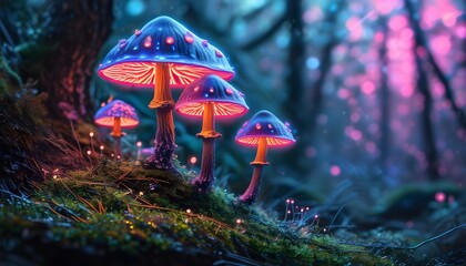 Mystical neon mushrooms illuminating an enchanted forest, creating a surreal fantasy landscape filled with magical flora and whimsical ambiance