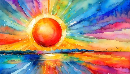 Wall Mural - Radiant sun in vibrant abstract watercolor with a colorful background, capturing the essence of creativity and a sunny day, perfect for artistic illustration and inspiration.