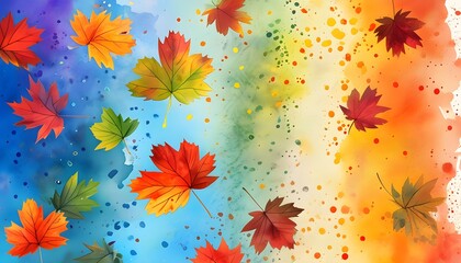 Wall Mural - Vibrant watercolor autumn leaves on a splattered background celebrating the beauty of fall season and natures botanical artistry in an eye-catching vertical format