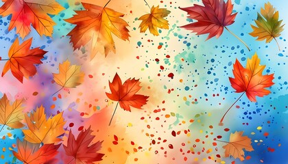 Wall Mural - Vibrant watercolor autumn leaves on a splattered background celebrating the beauty of fall season and natures botanical artistry in an eye-catching vertical format