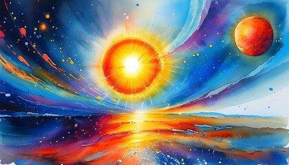 Wall Mural - Radiant cosmic abstract watercolor art featuring a vibrant sun, evoking the essence of celestial bodies and the energy of outer space