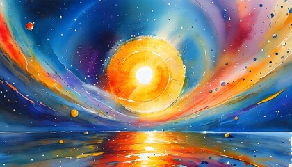 Wall Mural - Radiant cosmic abstract watercolor art featuring a vibrant sun, evoking the essence of celestial bodies and the energy of outer space