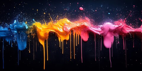 Wall Mural - Abstract Art of Dripping Colorful Paint Splashes on a Black Background