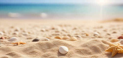 Wall Mural - Sand beach of sunny day with bokeh blur  background. generated by AI