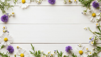 Sticker - White Wooden Background with Floral Border  Daisies  and Purple Flowers