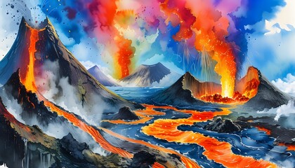 Wall Mural - Vivid watercolor portrayal of volcanic eruption showcasing lava flow and dynamic sky, capturing natures power and geological activity through artistic expression