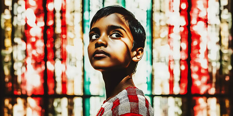 A Child's Gaze, Bathed in Light: A young boy, illuminated by vibrant stained glass, gazes upward in quiet contemplation. 