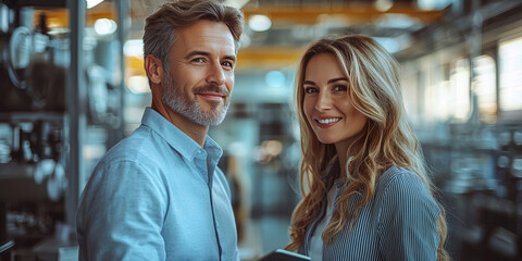 Wall Mural - Smiling man and woman in a factory setting.