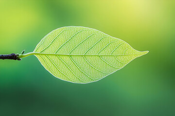 Wall Mural - A close-up of a single leaf with intricate veins, backlit against a soft green background.