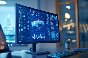 A computer monitor with a blue screen showing a variety of data, charts, and graphs. The monitor is on a desk with a keyboard and mouse.