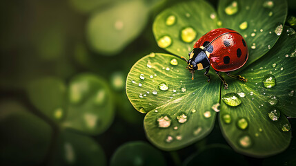 Wall Mural - A ladybug sits on a green leaf covered in water droplets.