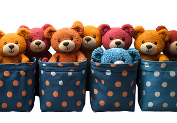 A collection of stuffed bears nestled together inside a colorful bag, showcasing their soft textures and cheerful expressions.
