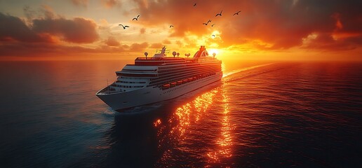 Wall Mural - Cruise ship sailing at sunset, with golden light reflecting on the ocean water.