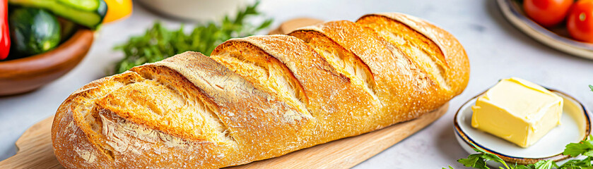 Freshly baked gluten free baguette served at dinner table, accompanied by butter and fresh vegetables, creating warm and inviting atmosphere for delightful meal