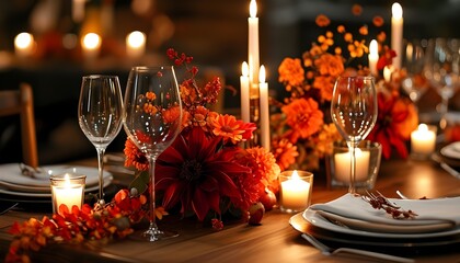 Cozy autumn and winter centerpiece featuring vibrant red and orange flowers, flickering candles, and elegant wine glasses