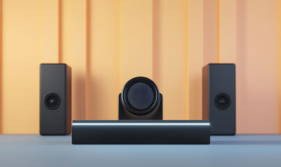 Modern speaker setup with sleek design, featuring central speaker and two side speakers against stylish backdrop. Perfect for enhancing audio experiences