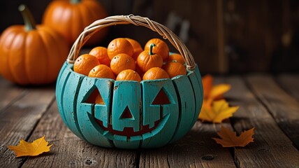 Pumpkin basket on old wood table, Halloween party concept