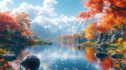 Wall Mural - Serene autumn landscape with colorful trees and tranquil lake.