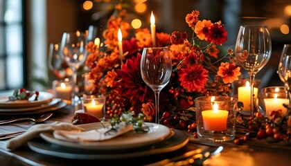 Wall Mural - Cozy autumn and winter centerpiece featuring vibrant red and orange flowers, flickering candles, and elegant wine glasses