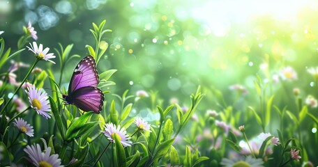 Poster - Purple Butterfly in a Meadow of Daisies