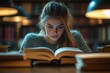 © Fightstar - Young woman studying alone at table in library with stacks of books